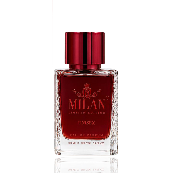 Detaliu flacon Milan Pure Rush Limited Edition apa de parfum, evidențiind eticheta aurie și capacul metalic texturat.