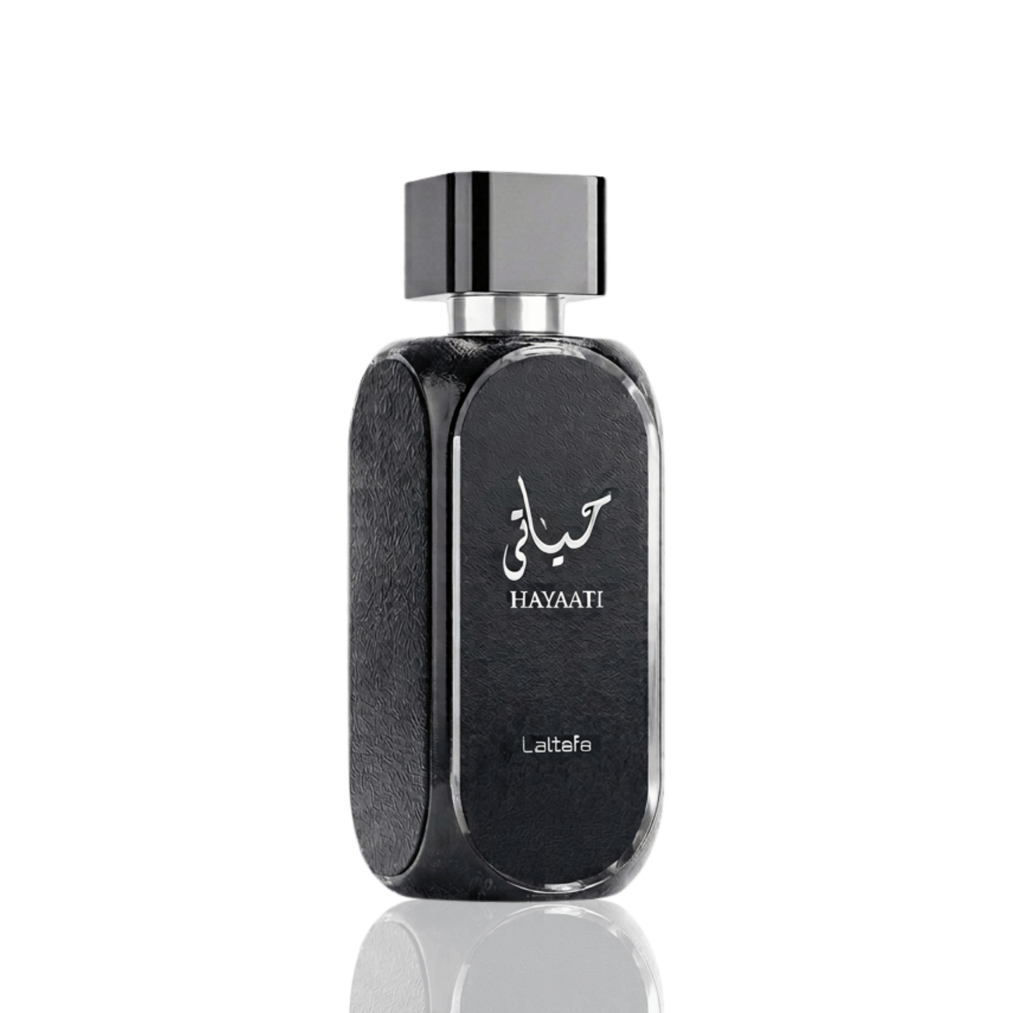 Lattafa Hayaati apa de parfum, flacon frontal elegant prezentat pe un fundal minimalist și premium de studio., flacon frontal elegant prezentat pe un fundal minimalist și premium de studio.