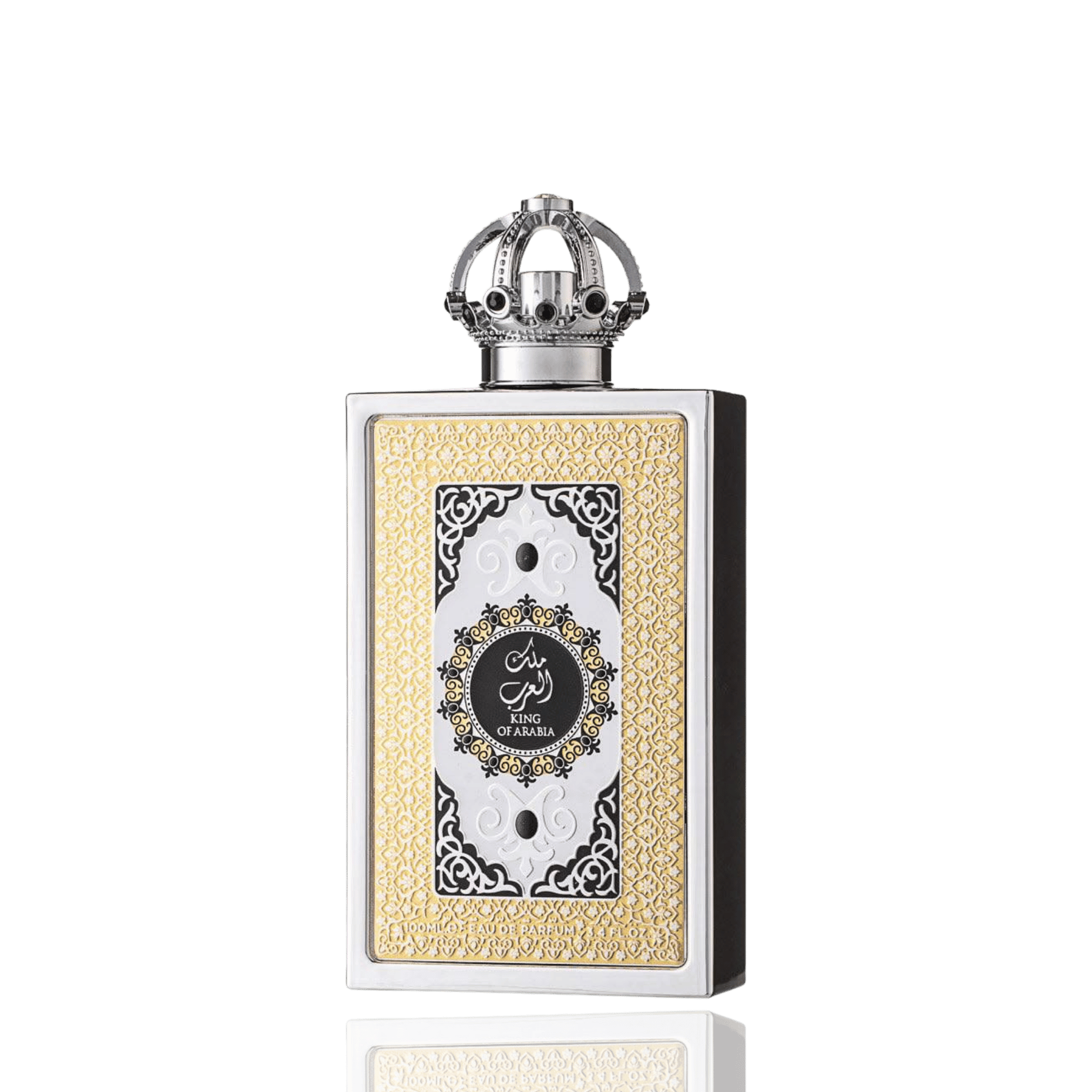 Detaliu flacon Lattafa Le Chameau King of Arabia apa de parfum, evidențiind capacul regal în formă de coroană cu pietre negre.