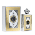 Lattafa Le Chameau King of Arabia apa de parfum, flacon frontal masiv cu broderie geometrică aurie și capac coroană.