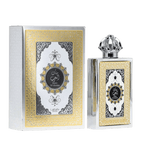 Lattafa Le Chameau King of Arabia apa de parfum, flacon frontal masiv cu broderie geometrică aurie și capac coroană.