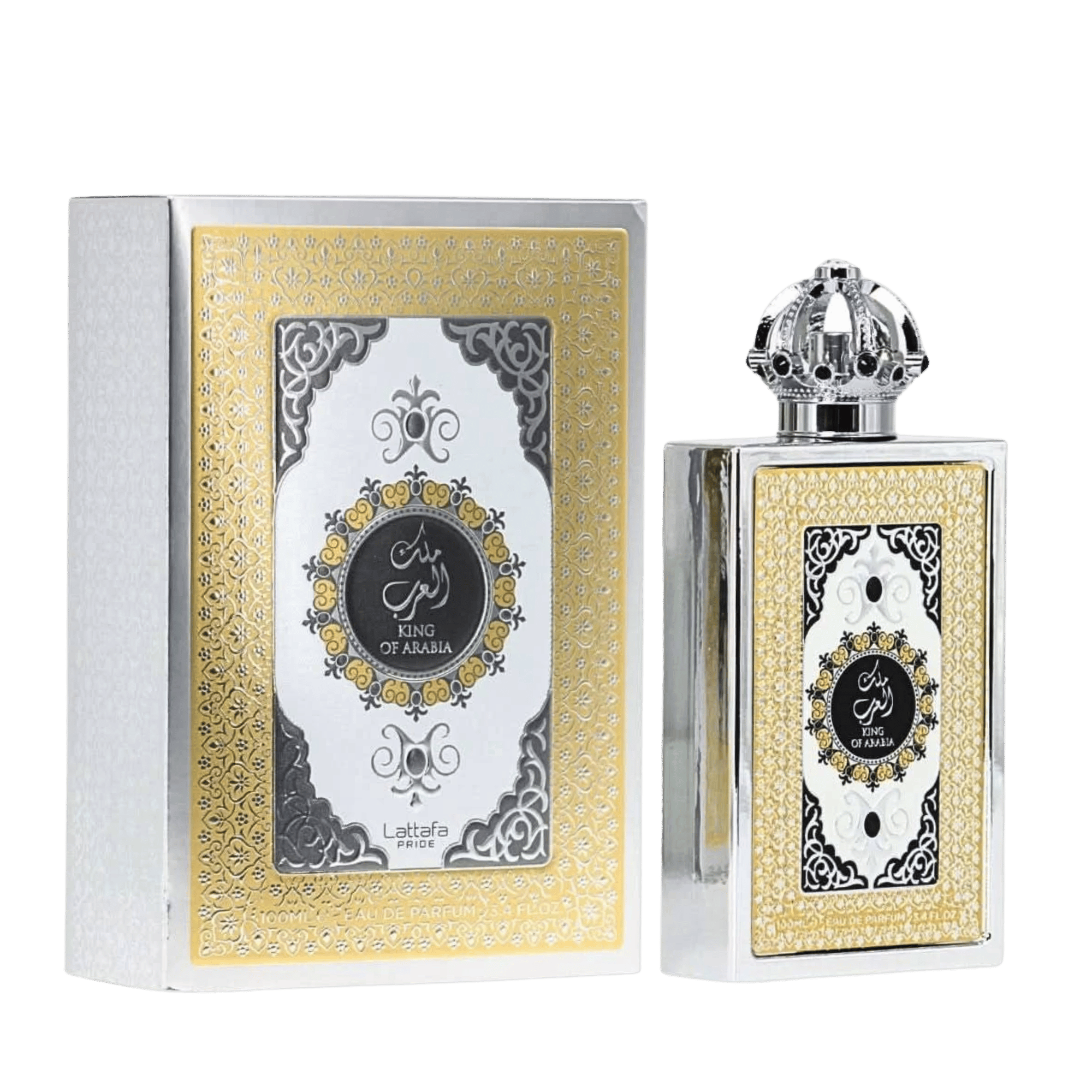Lattafa Le Chameau King of Arabia apa de parfum, flacon frontal masiv cu broderie geometrică aurie și capac coroană.