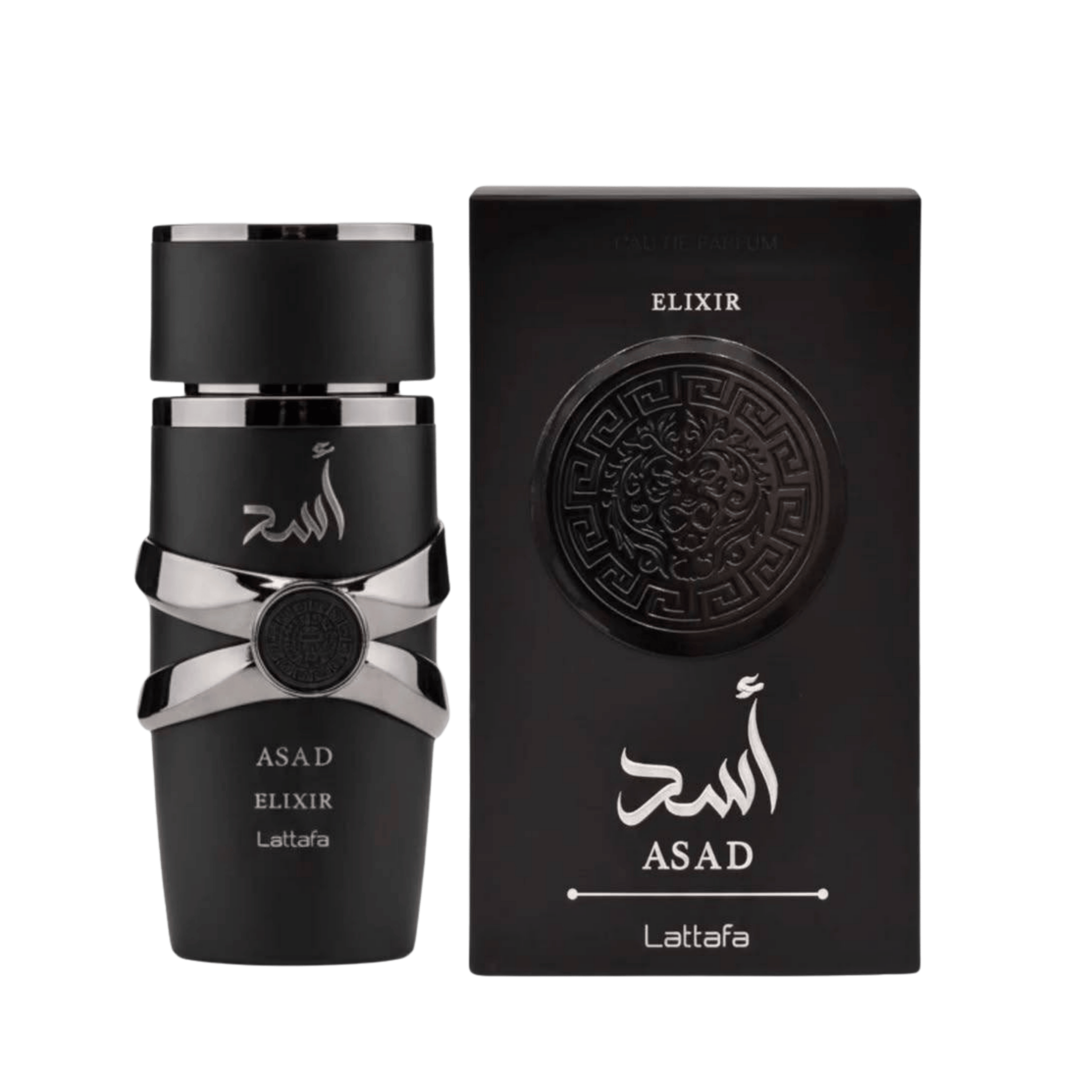 Ambalaj cutie Lattafa Asad Elixir Apă de Parfum - cutia oficială a parfumului arabesc pentru bărbați pe Parfumer