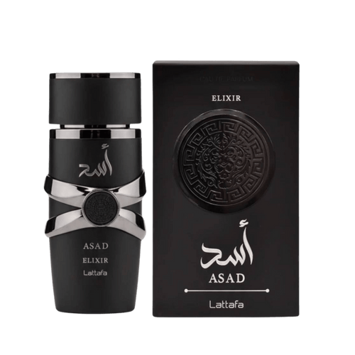 Ambalaj cutie Lattafa Asad Elixir Apă de Parfum - cutia oficială a parfumului arabesc pentru bărbați pe Parfumer