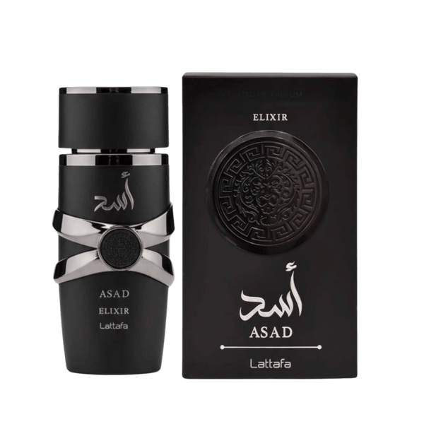 Ambalaj cutie Lattafa Asad Elixir Apă de Parfum - cutia oficială a parfumului arabesc pentru bărbați pe Parfumer