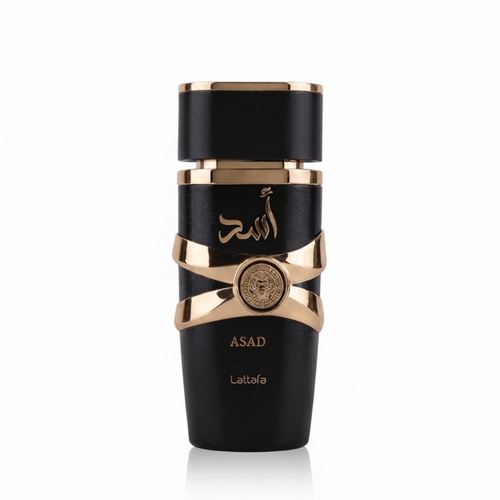 Detaliu flacon Lattafa Asad Apă de Parfum - finisajele negru cu auriu ale acestui parfum arabesc original
