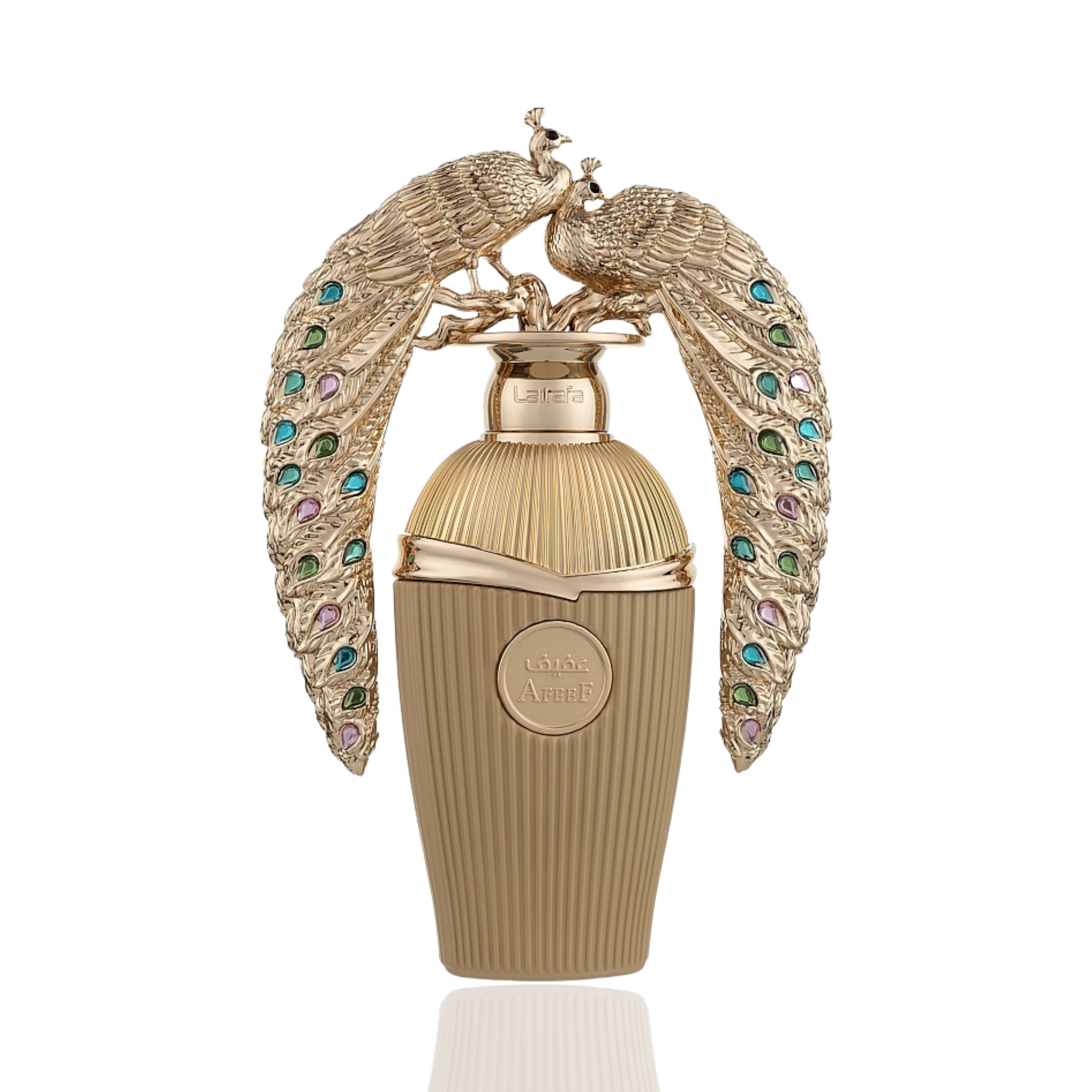 Detaliu flacon Lattafa Afeef apa de parfum, evidențiind finisajele de lux și detaliile sofisticate.