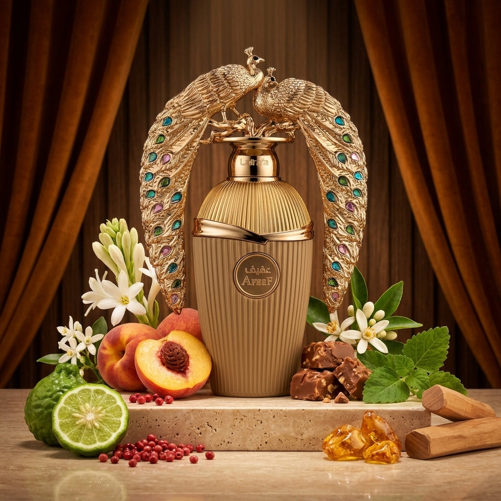 Lattafa Afeef apa de parfum original prezentat alături de bergamotă, piersică, tuberoză, pralină și ambră.