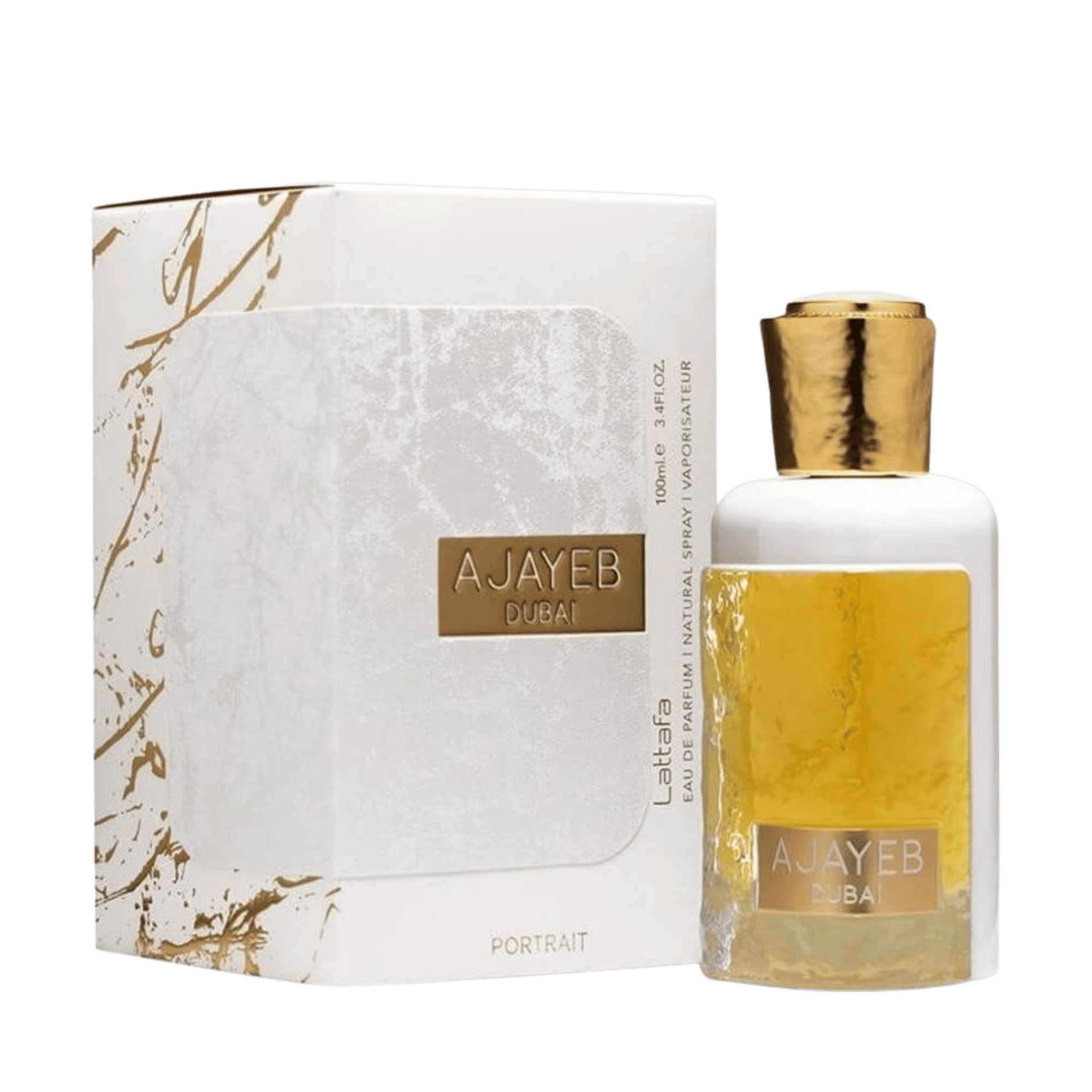 Detaliu flacon premium Lattafa Ajayeb Dubai 100 ml, reliefând finisajele grafice sofisticate și calitatea sticlei.
