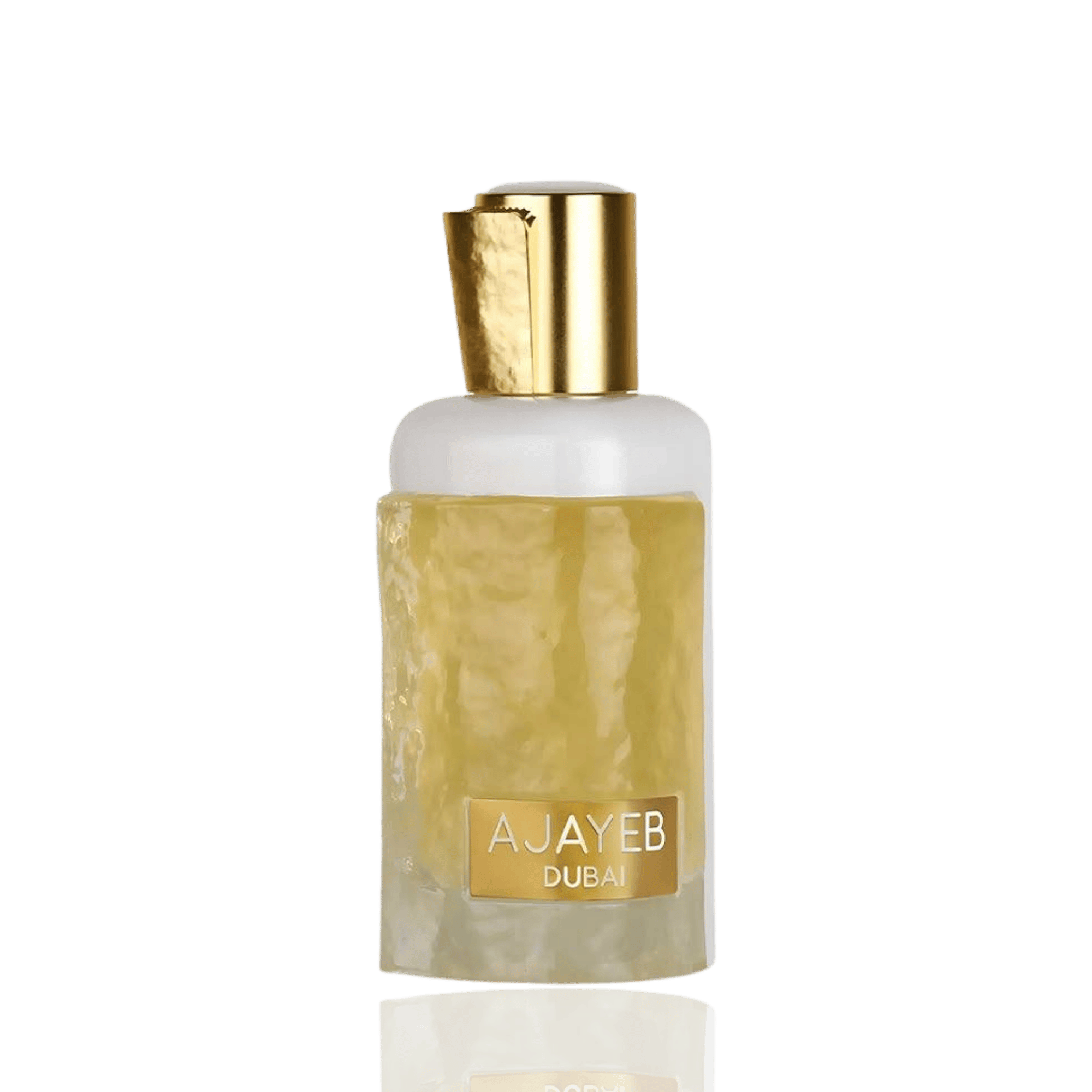 Lattafa Ajayeb Dubai apa de parfum 100 ml, flacon frontal conceptual, design original de parfum arabesc de lux.