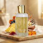 Lattafa Ajayeb Dubai parfum original decorat cu ananas zemos, caramel topit, fire de șofran și boabe de tonka.