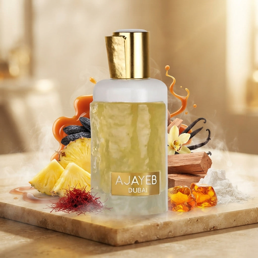 Lattafa Ajayeb Dubai parfum original decorat cu ananas zemos, caramel topit, fire de șofran și boabe de tonka.