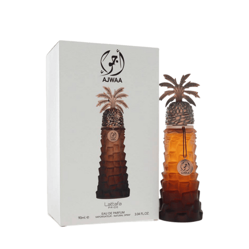 Lattafa Ajwaa apa de parfum 100 ml, flacon frontal elegant cu design arabesc autentic din colecția de lux.