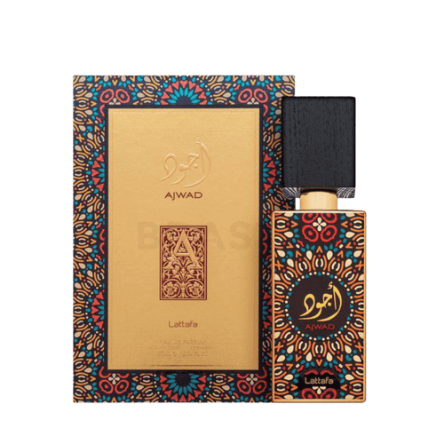 Lattafa Ajwad apa de parfum 60 ml, flacon frontal metalic ornamentat cu model tradițional geometric, parfum original.