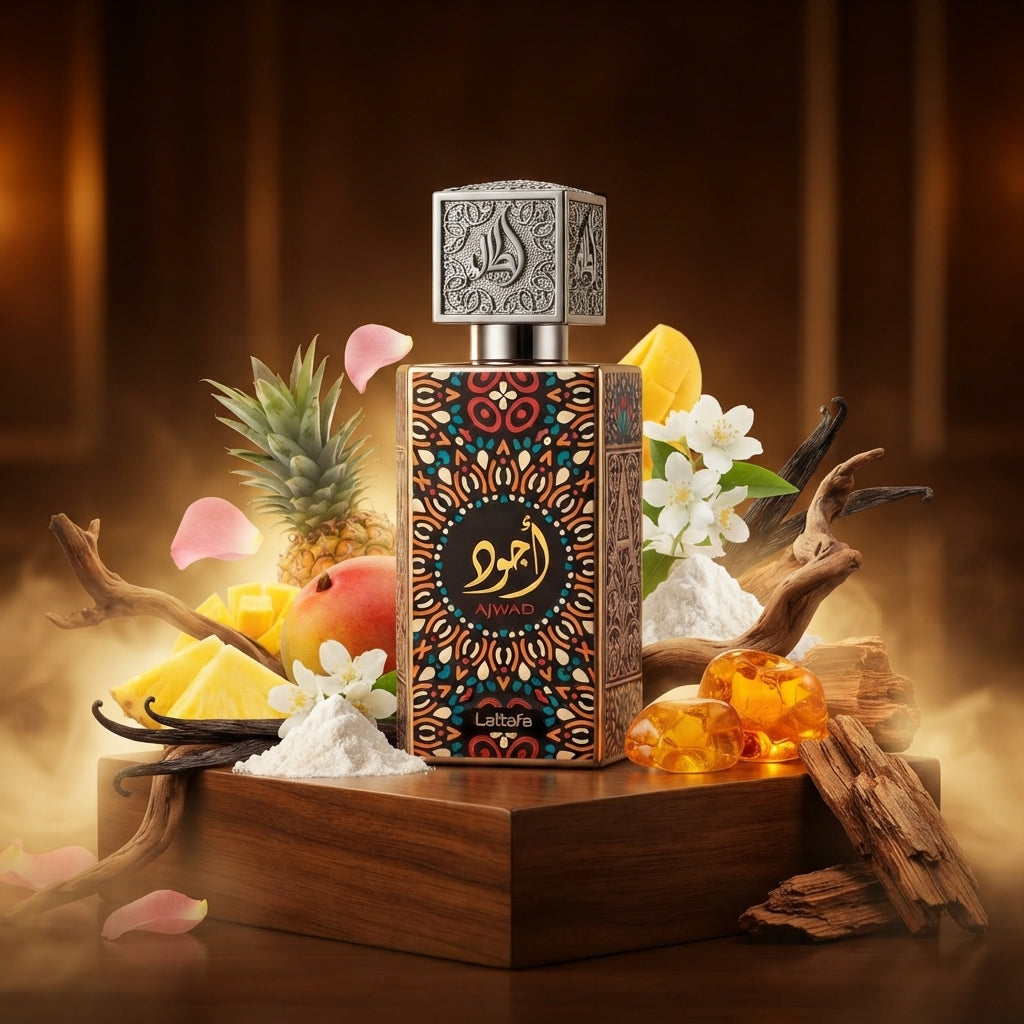Ambalajul original și cutia luxoasă tip casetă cu imprimeu artistic ale parfumului arabesc Lattafa Ajwad de 60 ml.
