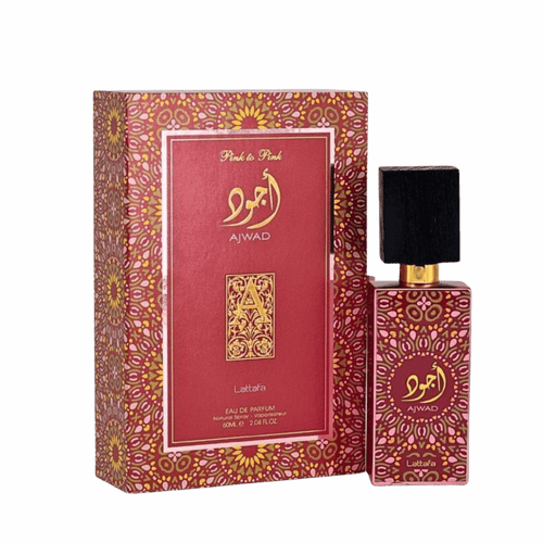 Ambalajul original tip casetă de lux al parfumului arabesc Lattafa Ajwad Pink to Pink 60 ml cu design artistic modern.