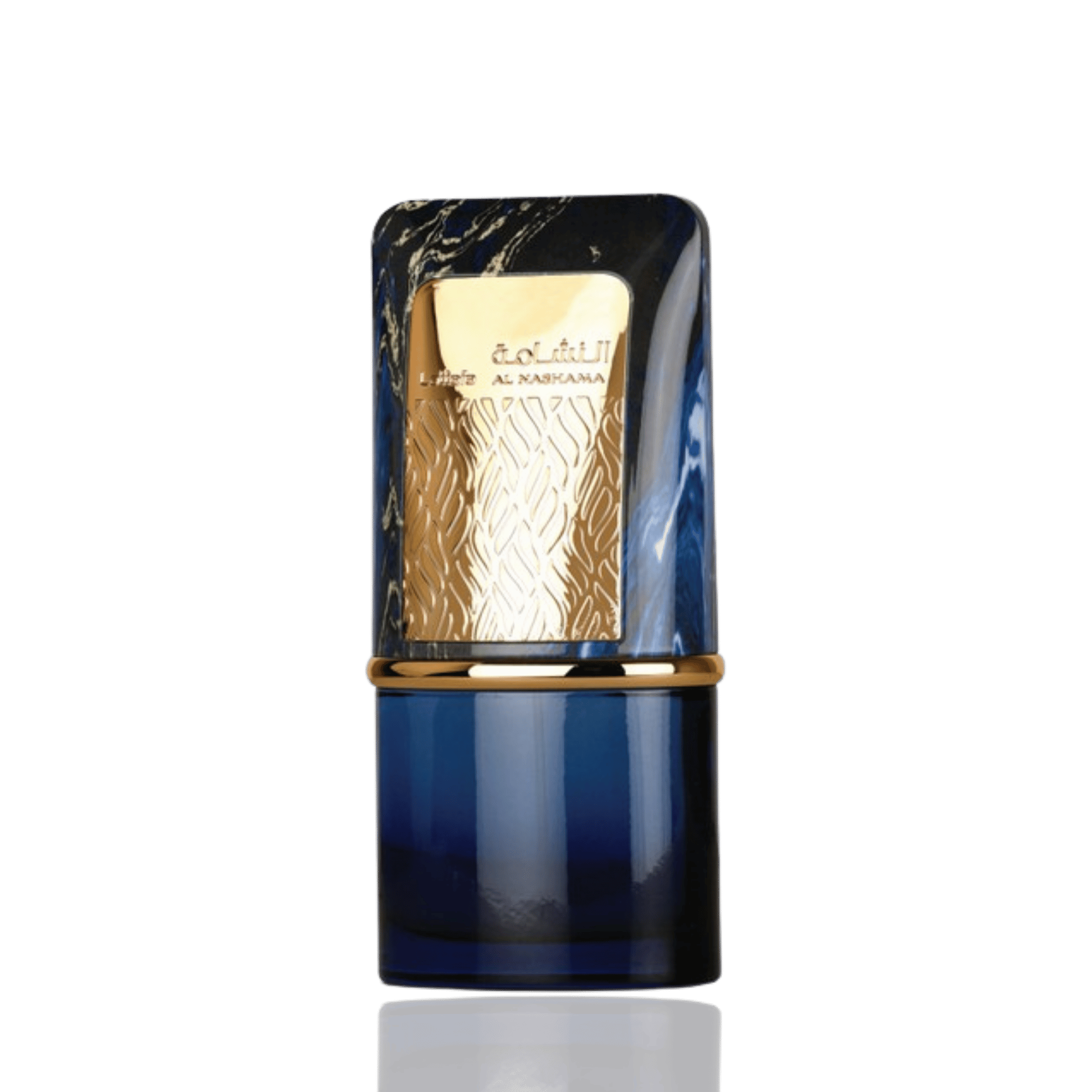 Detaliu flacon Lattafa Al Nashama Caprice apa de parfum, evidențiind finisajele sticlei, pulverizatorul și capacul.