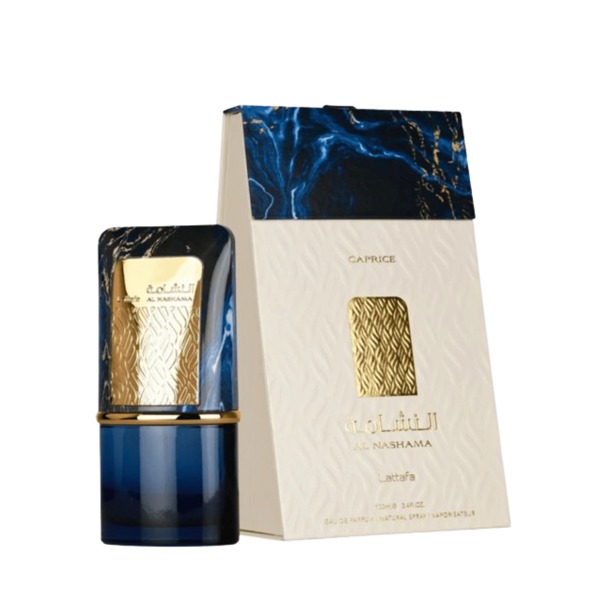 Lattafa Al Nashama Caprice apa de parfum, flacon frontal de lux cu design modern și rafinat.