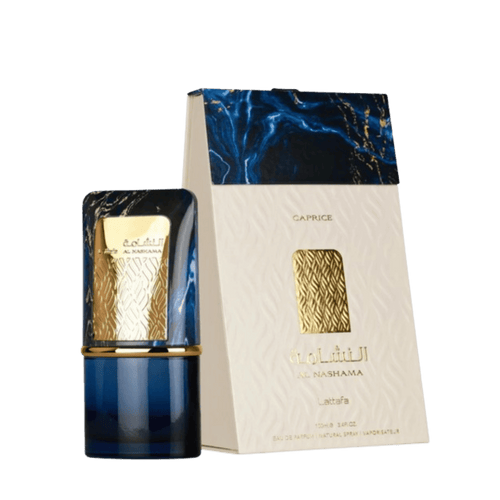 Lattafa Al Nashama Caprice apa de parfum, flacon frontal de lux cu design modern și rafinat.