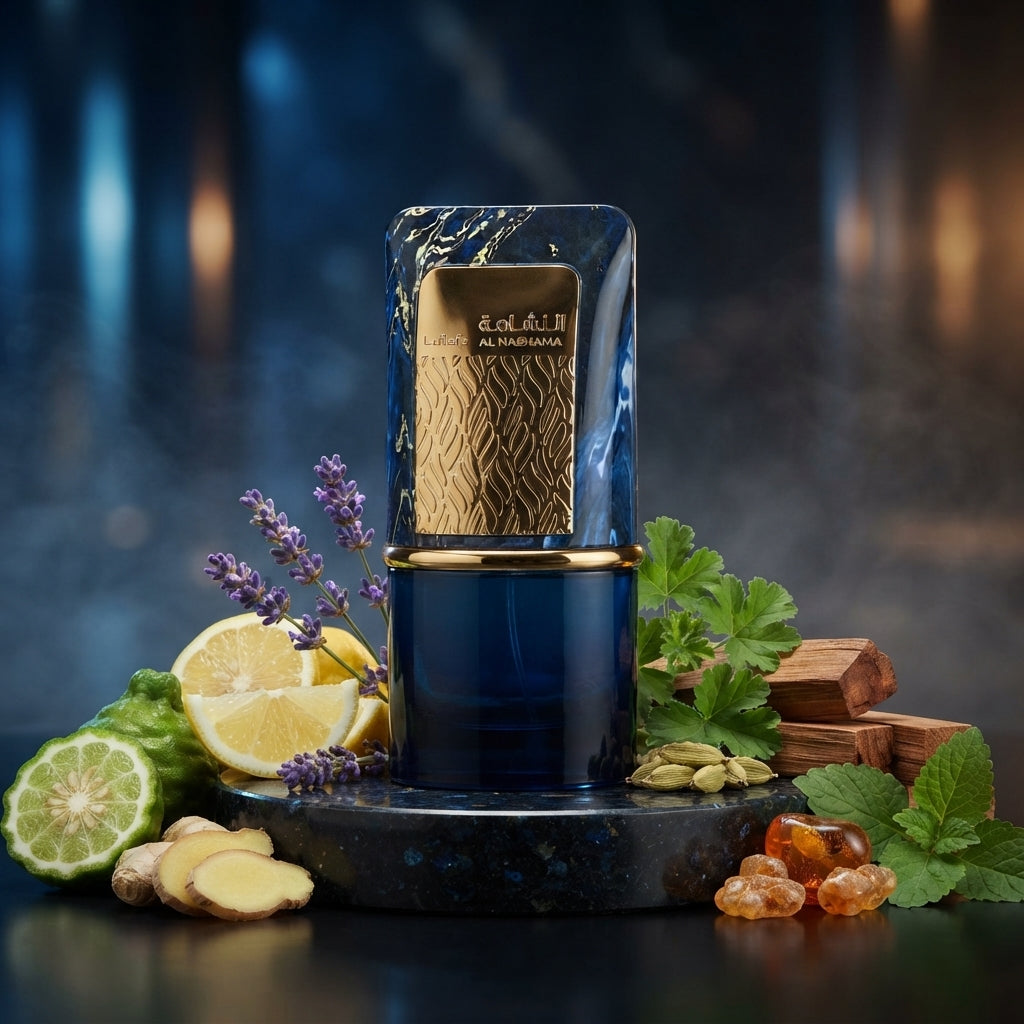 Lattafa Al Nashama Caprice apa de parfum original prezentat alături de ghimbir, lavandă, bergamotă și ambră.
