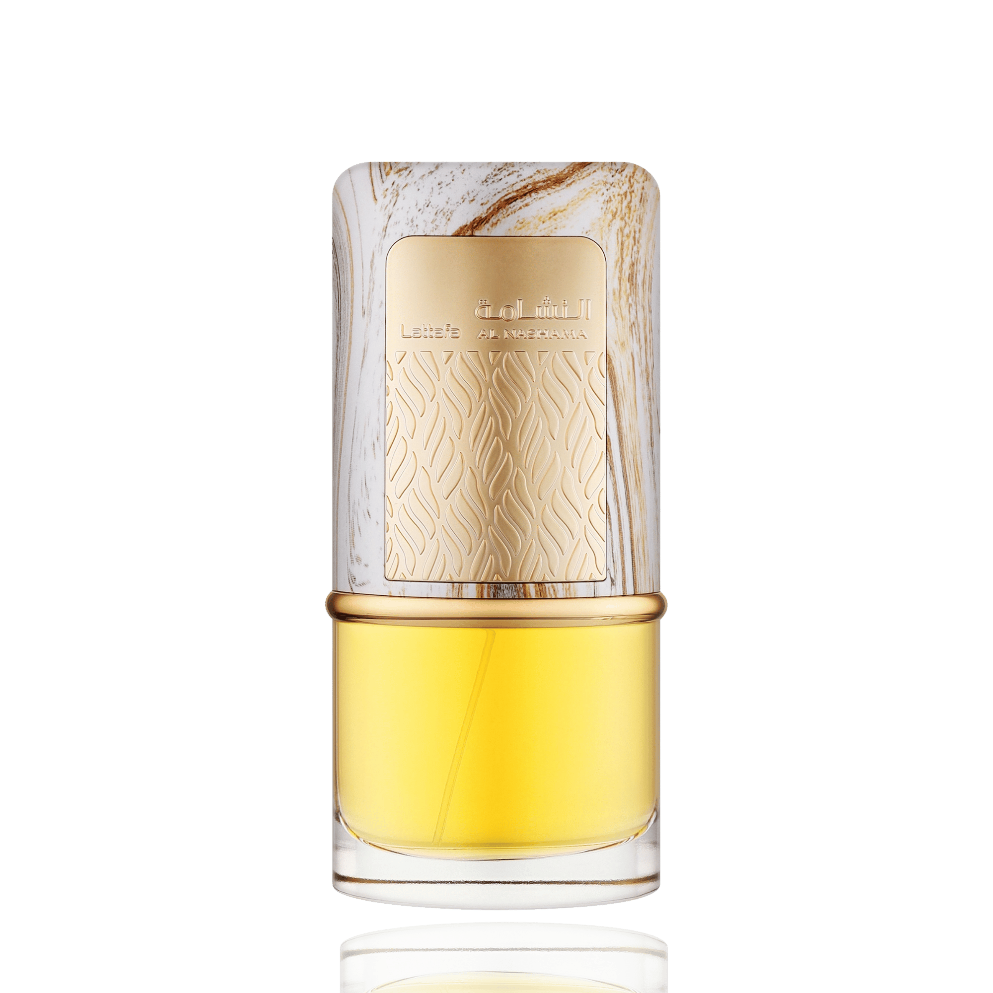 Detaliu flacon Lattafa Al Nashama apa de parfum, evidențiind textura sticlei, pulverizatorul și capacul nobil.