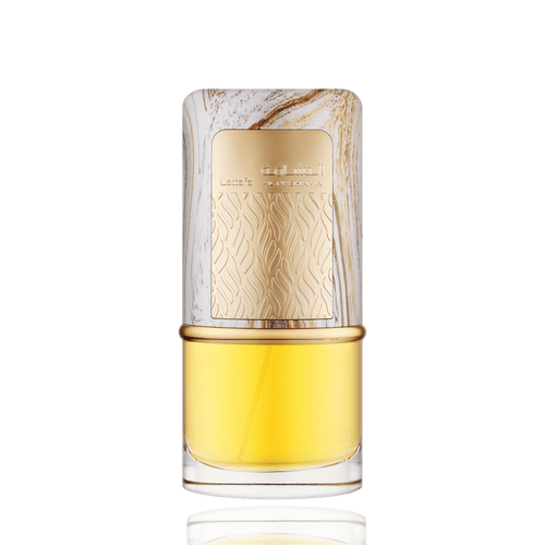 Detaliu flacon Lattafa Al Nashama apa de parfum, evidențiind textura sticlei, pulverizatorul și capacul nobil.