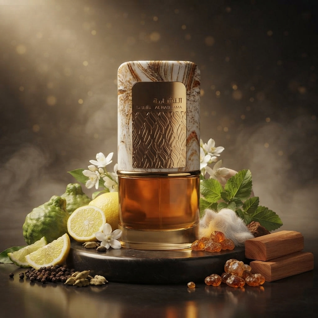 Lattafa Al Nashama apa de parfum original prezentat alături de bergamotă, iasomie, patchouli și ambră.