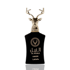 Detaliu flacon premium Lattafa Al Noble Ameer 100 ml, ilustrând capacul masiv auriu sub formă de cap de cerb.