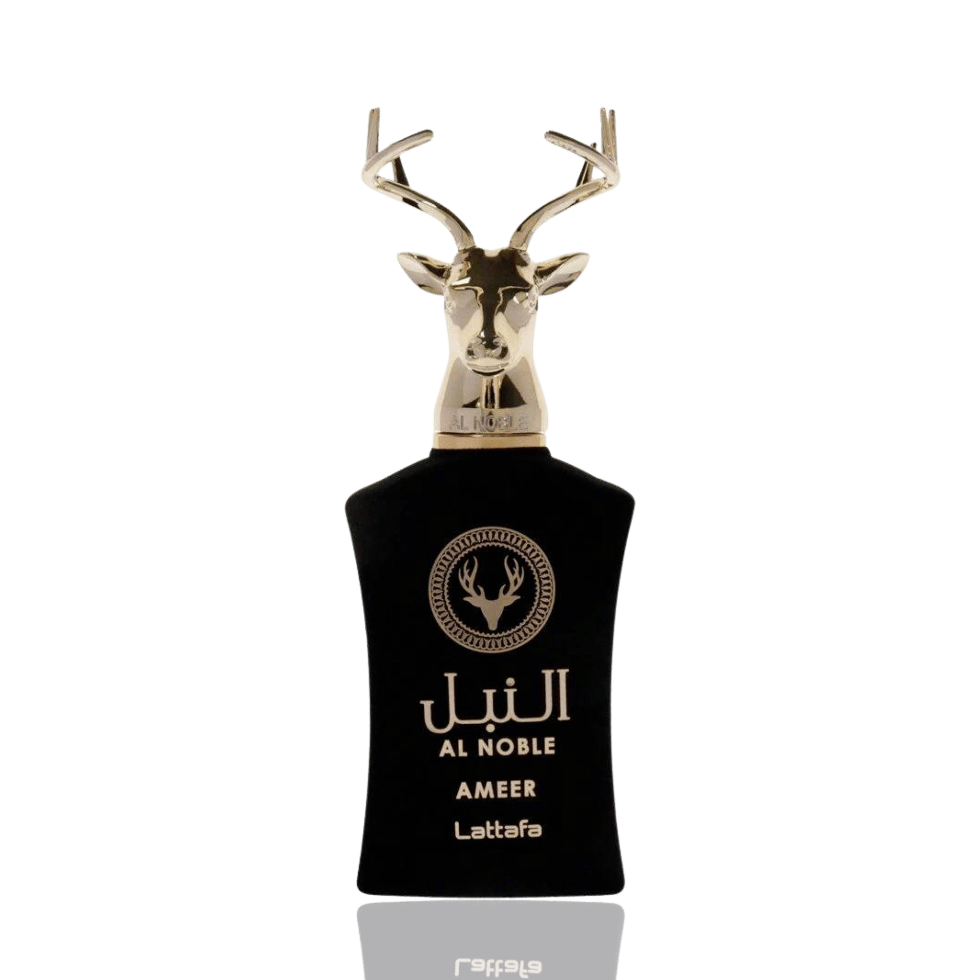 Detaliu flacon premium Lattafa Al Noble Ameer 100 ml, ilustrând capacul masiv auriu sub formă de cap de cerb.