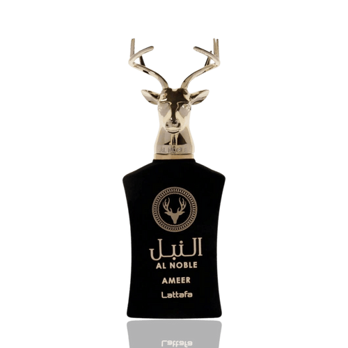 Detaliu flacon premium Lattafa Al Noble Ameer 100 ml, ilustrând capacul masiv auriu sub formă de cap de cerb.