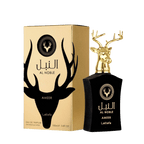 Lattafa Al Noble Ameer apa de parfum 100 ml, flacon frontal ce evidențiază sticla originală îmbrăcată în catifea neagră.