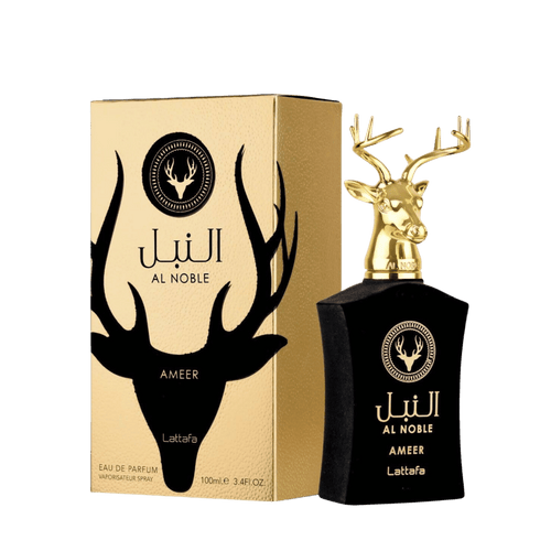 Lattafa Al Noble Ameer apa de parfum 100 ml, flacon frontal ce evidențiază sticla originală îmbrăcată în catifea neagră.