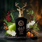 Lattafa Al Noble Ameer parfum original încadrat artistic de mere verzi zemoase, rozmarin și așchii de lemn de oud.