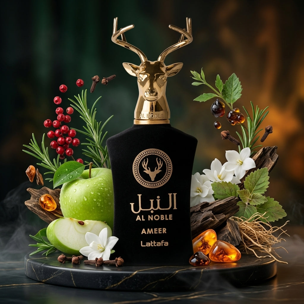 Lattafa Al Noble Ameer parfum original încadrat artistic de mere verzi zemoase, rozmarin și așchii de lemn de oud.
