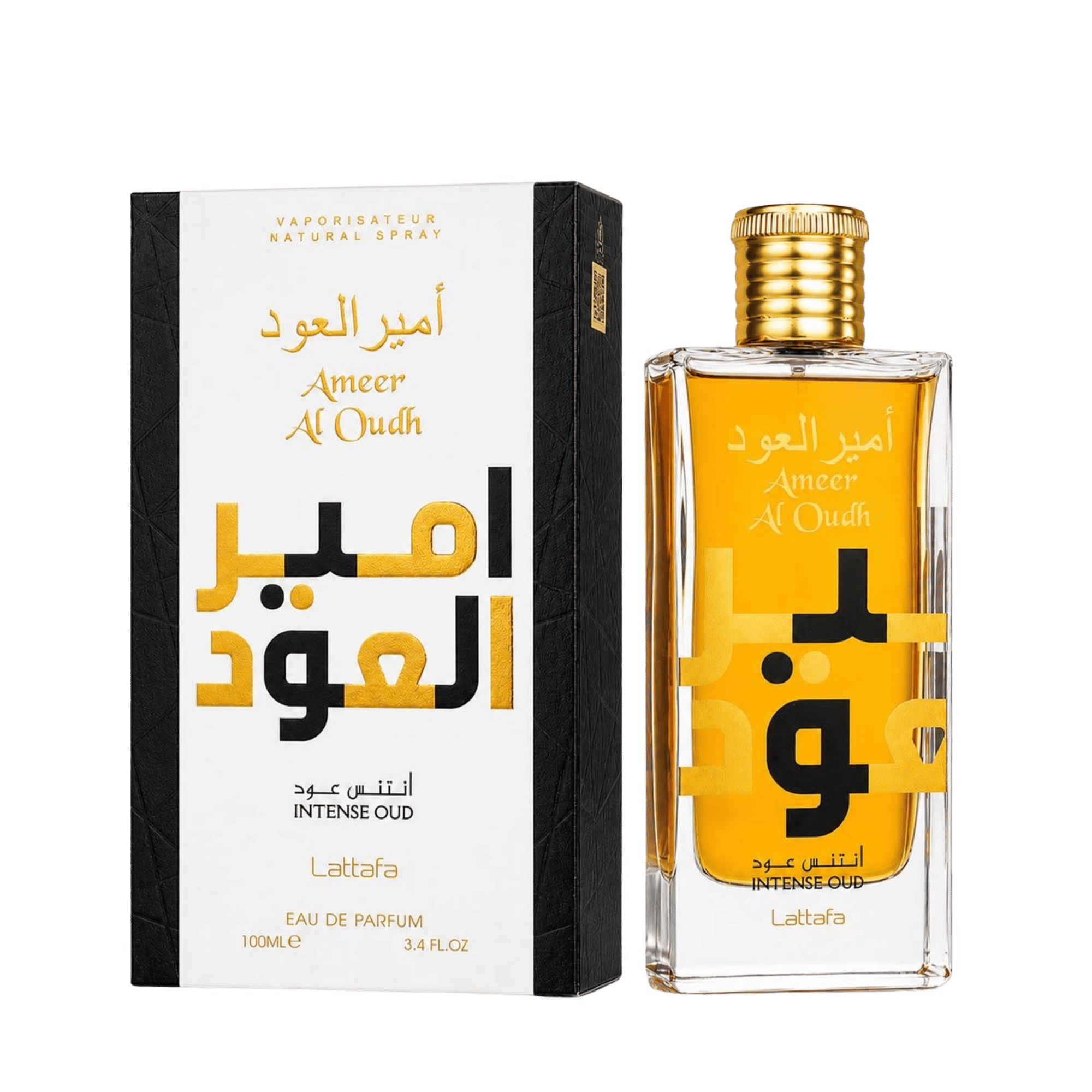 Lattafa Ameer Al Oudh Intense Oud apa de parfum 100 ml, flacon frontal transparent ce lasă la vedere elixirul auriu.