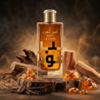 Lattafa Ameer Al Oudh Intense Oud parfum original aranjat cu zahăr ars, păstăi de vanilie și bucăți de lemn de oud.