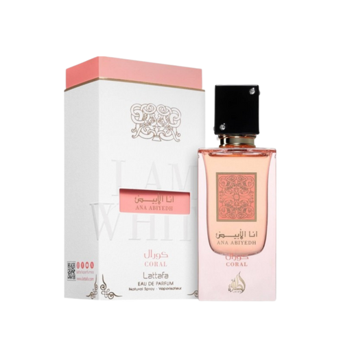 Lattafa Ana Abiyedh Coral apa de parfum feminin, flacon frontal de 60 ml cu design vibrant și elegant.