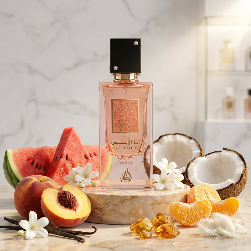 Lattafa Ana Abiyedh Coral apa de parfum original prezentat alături de pepene verde, nucă de cocos, flori albe și vanilie.