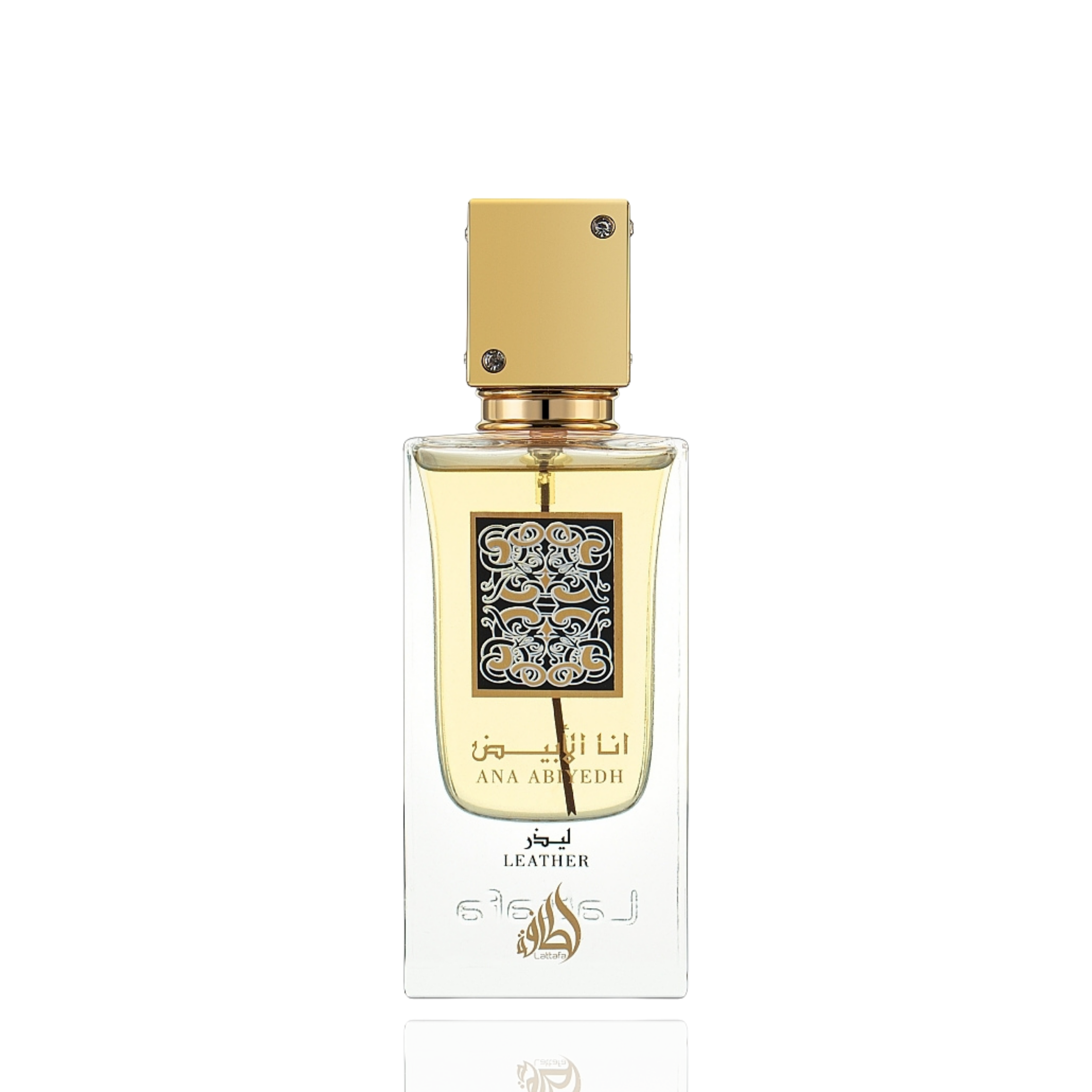 Detaliu flacon Lattafa Ana Abiyedh Leather apa de parfum, evidențiind textura fină a etichetei și detaliile capacului.
