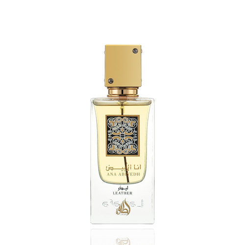 Detaliu flacon Lattafa Ana Abiyedh Leather apa de parfum, evidențiind textura fină a etichetei și detaliile capacului.
