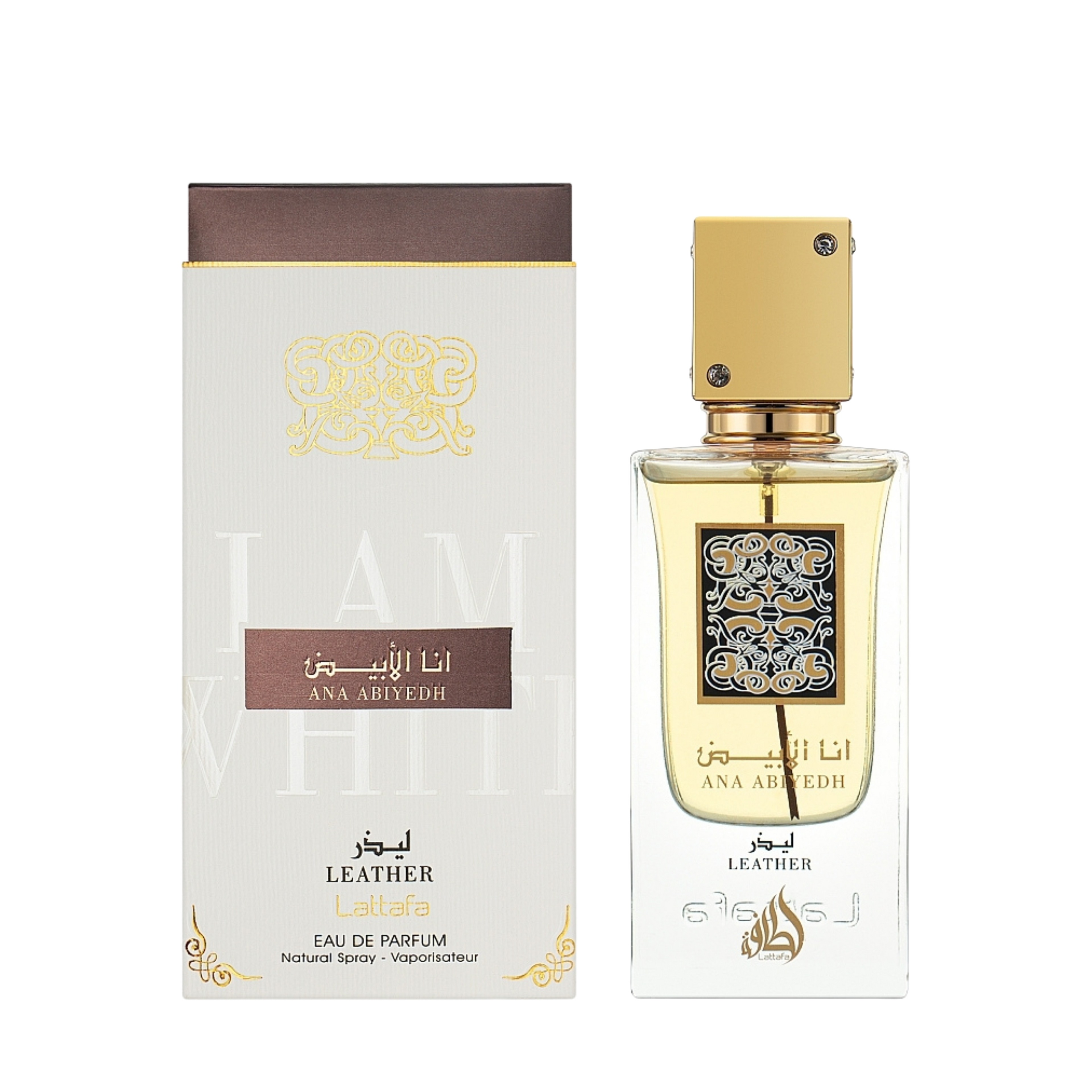 Lattafa Ana Abiyedh Leather apa de parfum unisex, flacon frontal de 60 ml cu design minimalist și rafinat.