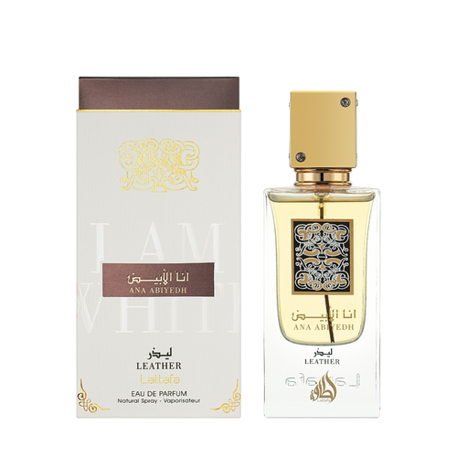 Lattafa Ana Abiyedh Leather apa de parfum unisex, flacon frontal de 60 ml cu design minimalist și rafinat.