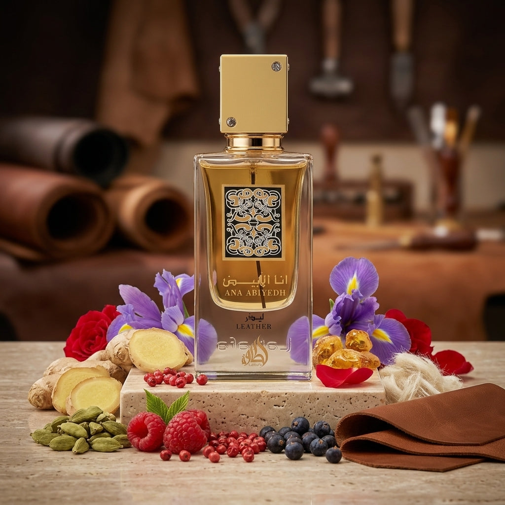 Lattafa Ana Abiyedh Leather apa de parfum original prezentat alături de bucăți de piele fină, cardamom, iris și mosc.