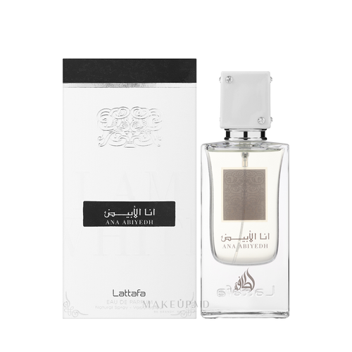 Lattafa Ana Abiyedh apa de parfum unisex, flacon frontal de 60 ml cu design minimalist și elegant.