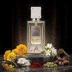 Lattafa Ana Abiyedh apa de parfum original prezentat alături de fire de șofran, mosc alb, cardamom și iasomie.