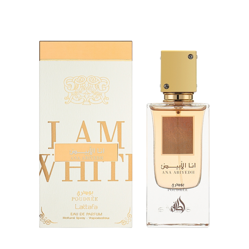 Lattafa Ana Abiyedh Poudree apa de parfum feminin, flacon frontal de 60 ml cu design delicat și elegant.