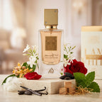 Lattafa Ana Abiyedh Poudree apa de parfum original prezentat alături de flori albe, trandafir, mosc și vanilie.