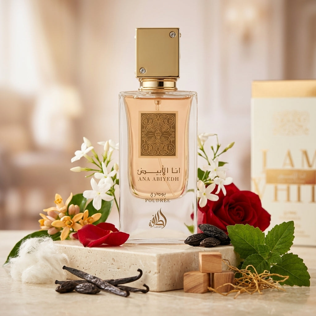 Lattafa Ana Abiyedh Poudree apa de parfum original prezentat alături de flori albe, trandafir, mosc și vanilie.