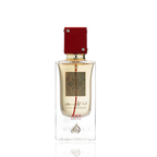 Detaliu flacon Lattafa Ana Abiyedh Rouge apa de parfum, evidențiind capacul, sticla și pulverizatorul premium.