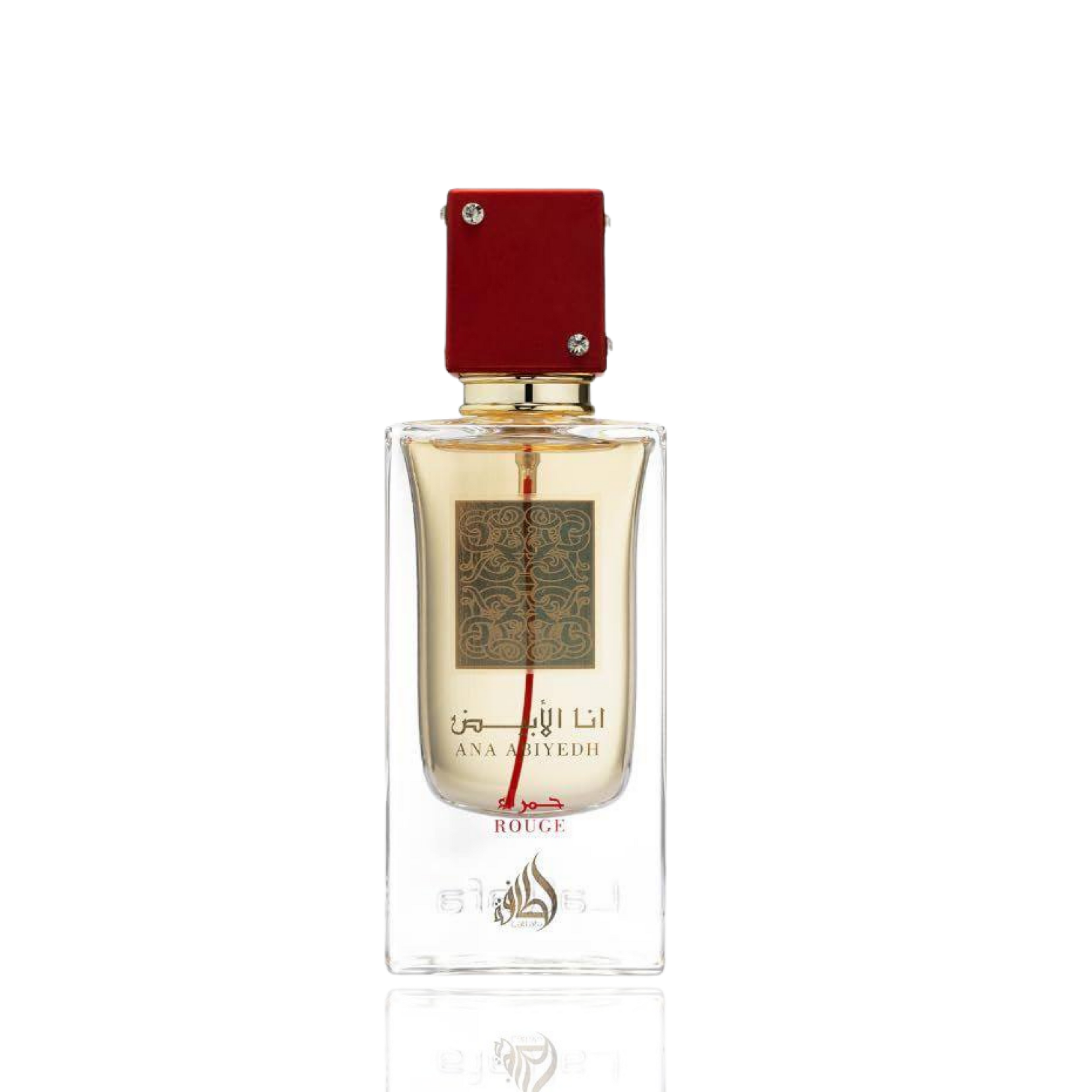 Detaliu flacon Lattafa Ana Abiyedh Rouge apa de parfum, evidențiind capacul, sticla și pulverizatorul premium.
